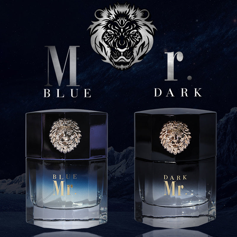 Two men's fragrance bottles with lion head emblems on a night sky background