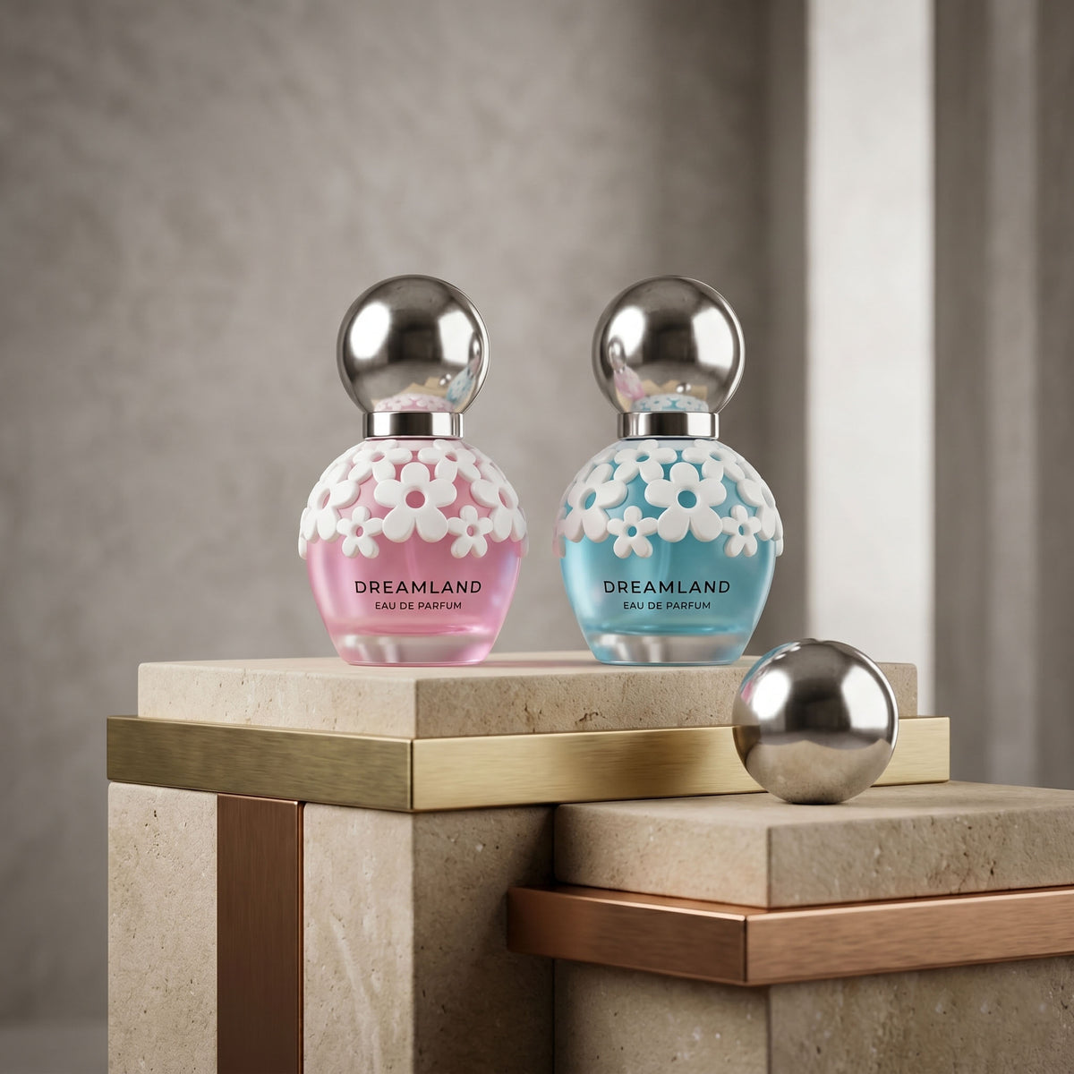 Pink and blue eau de parfum bottles with white flower collars on stone blocks