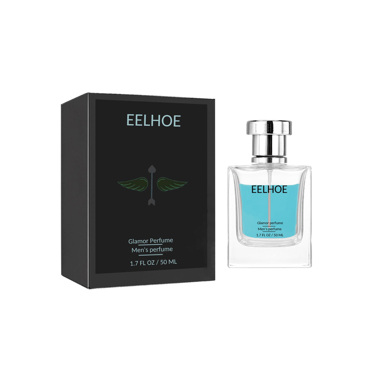 Clear EELHOE perfume bottle with silver cap and pale blue label next to a black box